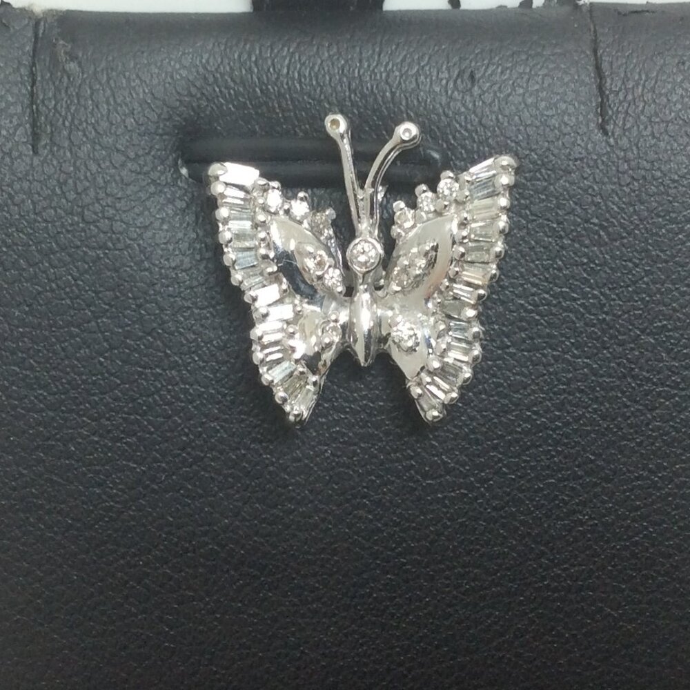 SOLID 14K White Real GOLD  Real Diamonds BUTTERFLY PENDANT  charm 2.30gr